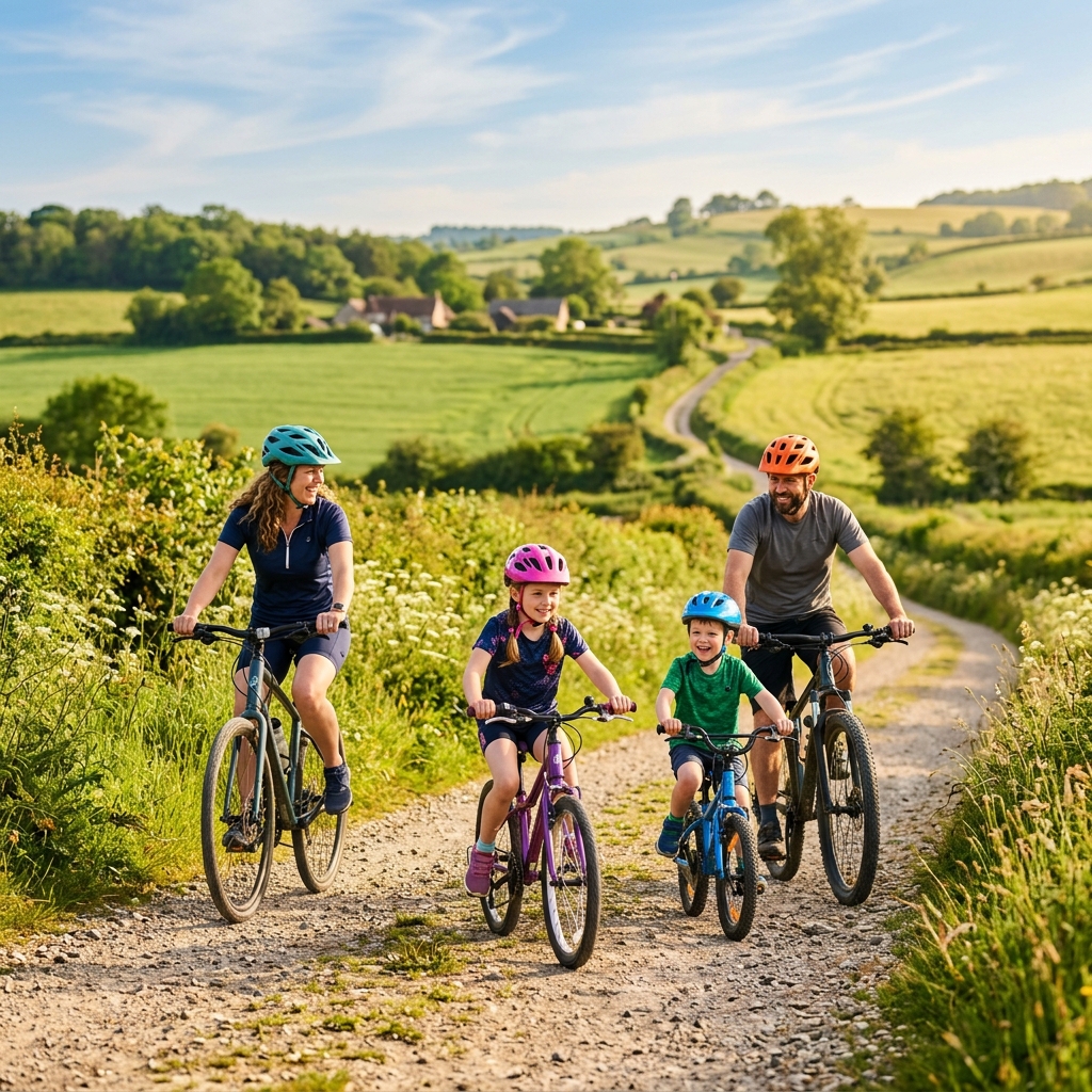Familia practicando ciclismo en la naturaleza