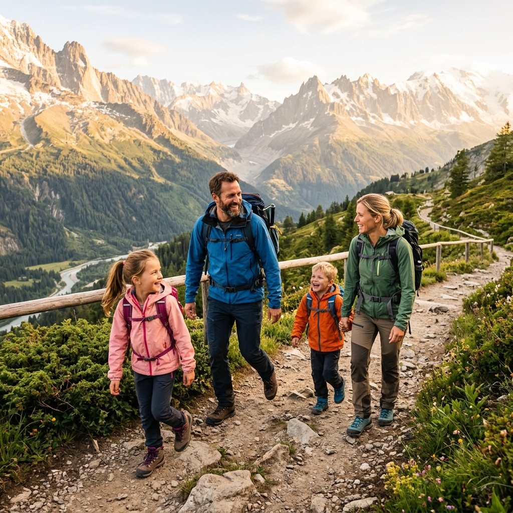 Familia haciendo senderismo en la montaña