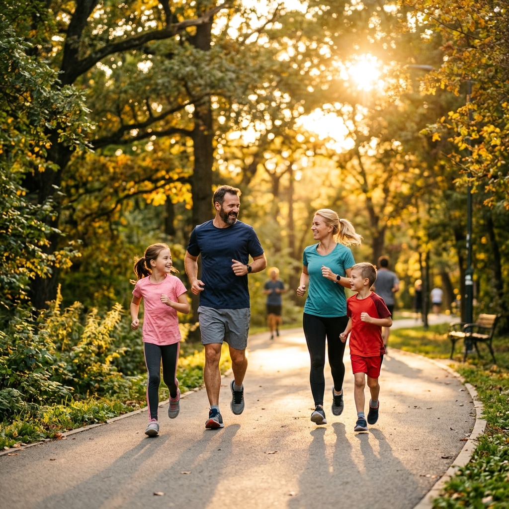Familia corriendo junta en un parque al atardecer